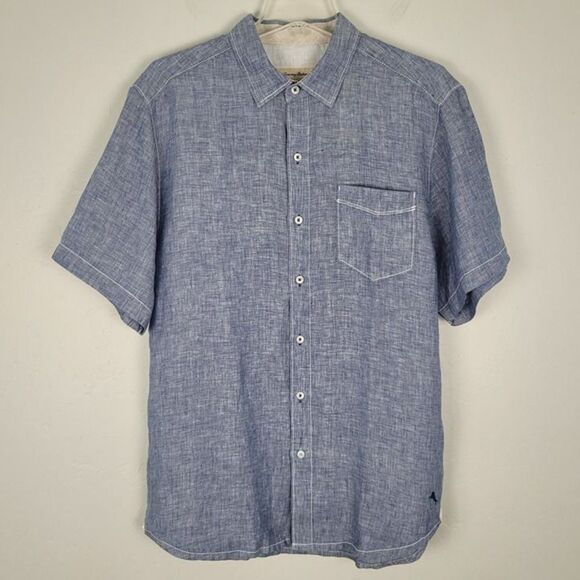 Tommy Bahama Size M Party Breezer Linen Short Sleeve Button Up Shirt Bering Blue - Picture 1 of 12